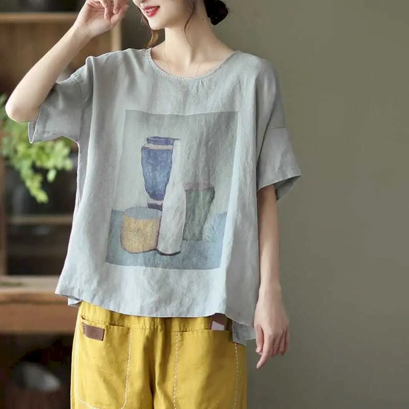 

Cotton Linen T Shirts Women Fashion Vintage Art Printed T-shirt Casual Loose Short Sleeve Pullover Tops 2025 Summer Thin Tshirt