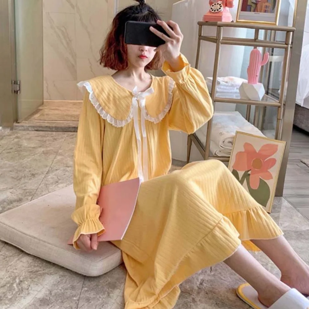 

Cute Lace Pajamas Nightgown Women Collar Sweet Bowknot Ruffle Nightdress Loose Bowknot Long Sleeve Sleepwear Home