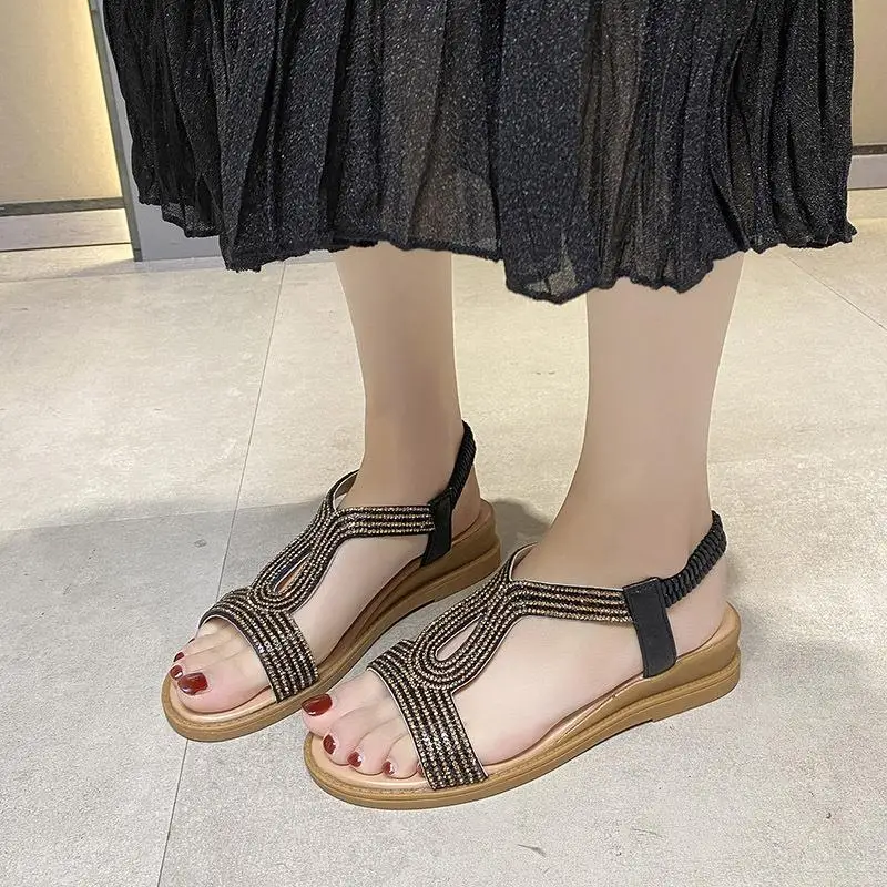 Summer Women Wedges Sandals Crystal Decoration Chunky Heel Peep Toe Back Strap Elastic Band Elegant Fashion Shoes Ladies Size 42