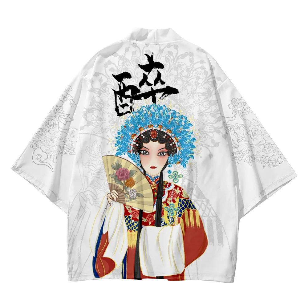 

China Fengjing Opera Print Beach Japanese Kimono Plus Size XS-6XL Fashion Robe Sets Cardigan Men Yukata Haori Women's Clothing