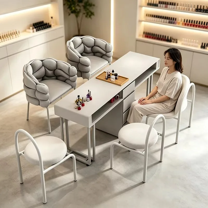 White Design Nail Table With Vent Drawers Marble Top French Nail Desk Glamour Premium Table Onglerie Nail Salon Customizable