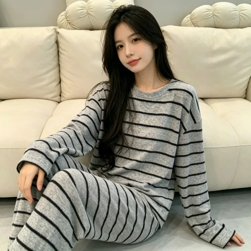 Sleepwear Simple Grey‑Black Stripe Women 2Pcs Homewear Fall Winter Soft Warm Long Sleeve Sleepwear Casual Ladies Home Loungewear
