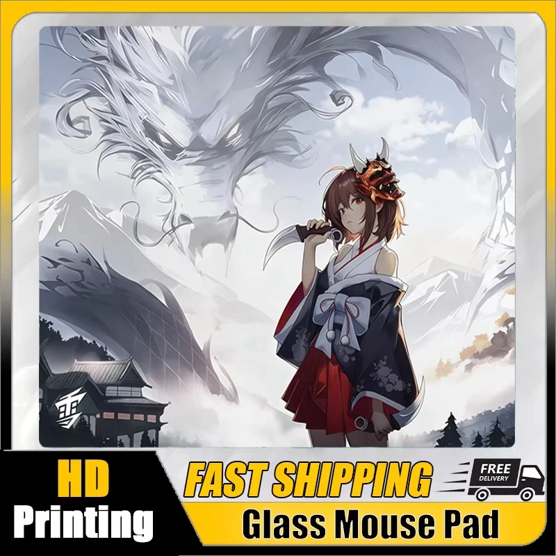 Japan Cool Anime Girl Glass Gaming Mouse Pad YUME Smooth Frosted Surface Desk Mat Tempered Upgrade FPS Office Gaming Accessories