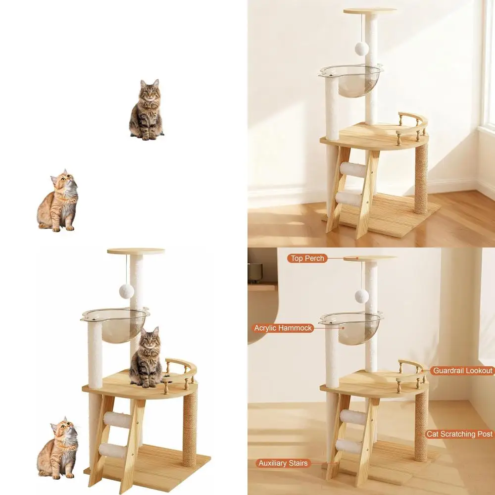 

Indoor Wooden Cat Tower with Sisal Scratching Posts, Acrylic Hammock, and Top Perch for Small to Large Cats