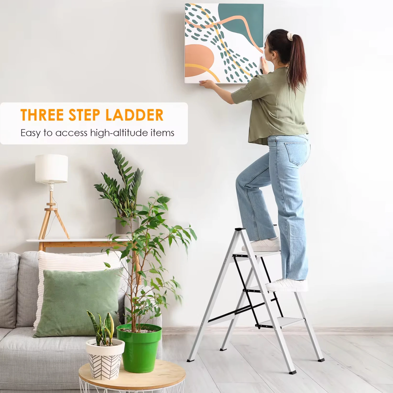 AOOU 3-traps ladder, opvouwbare opstapkruk met brede antislippedalen, draagbare lichtgewicht aluminium ladder