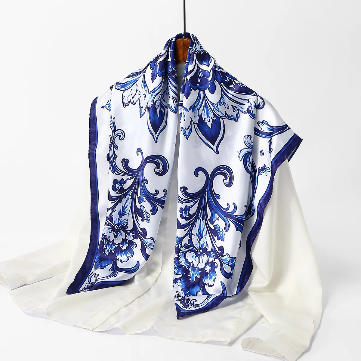 New Blue And White Porcelain Satin Silk Square Scarf Hijab Printed Muslim Women Headscarf Ladies 2024 Headband Scarf 90*90cm image 5