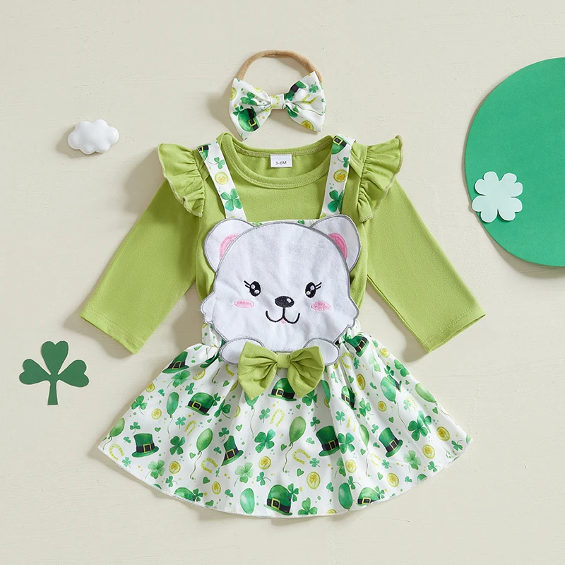 Stylish Baby Girl Irish Clothing Set with Shamrock Print Romper Overalls Dress and Matching Headband - 3 Piece Ensemble