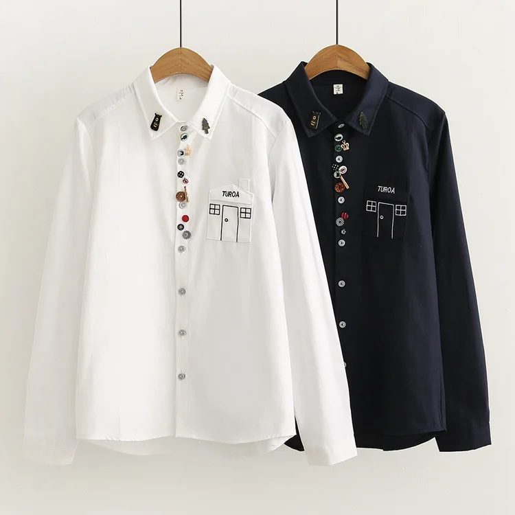 

2023 New Lady Fresh College Style Shirt White Blue Tops Womens Casual Sweet Embroidery Print Long Sleeve Shirt Female Clothes