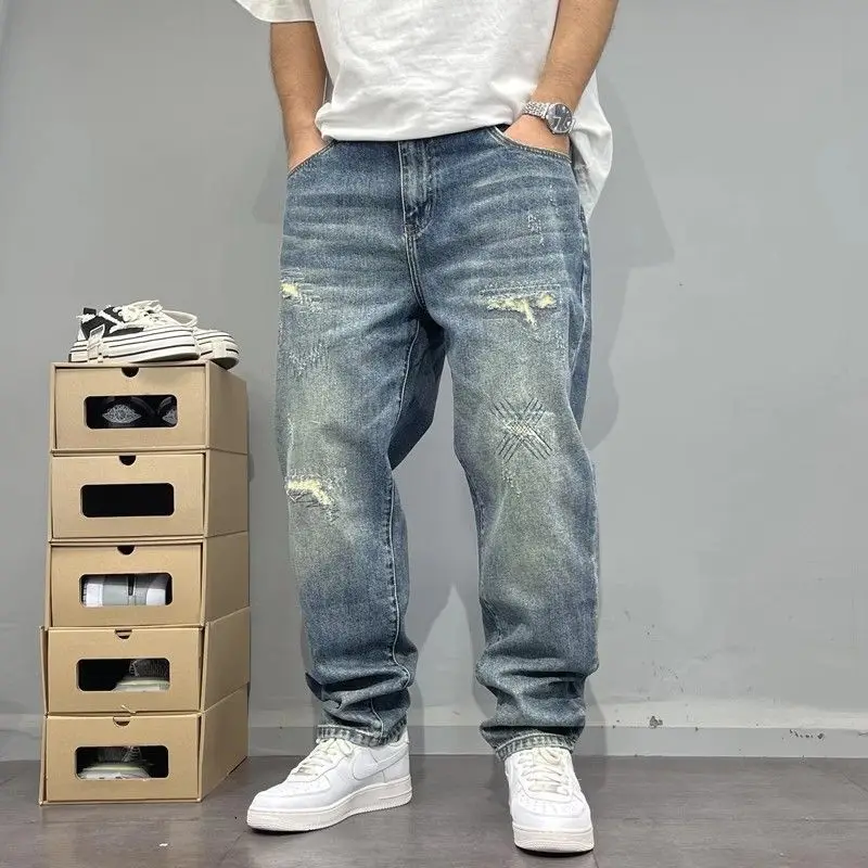 Autumn Men's Ripped Patched Jeans Vintage Wash Distressed Denim Pants Loose Slim Straight Leg Hip Hop Casual Trousers
