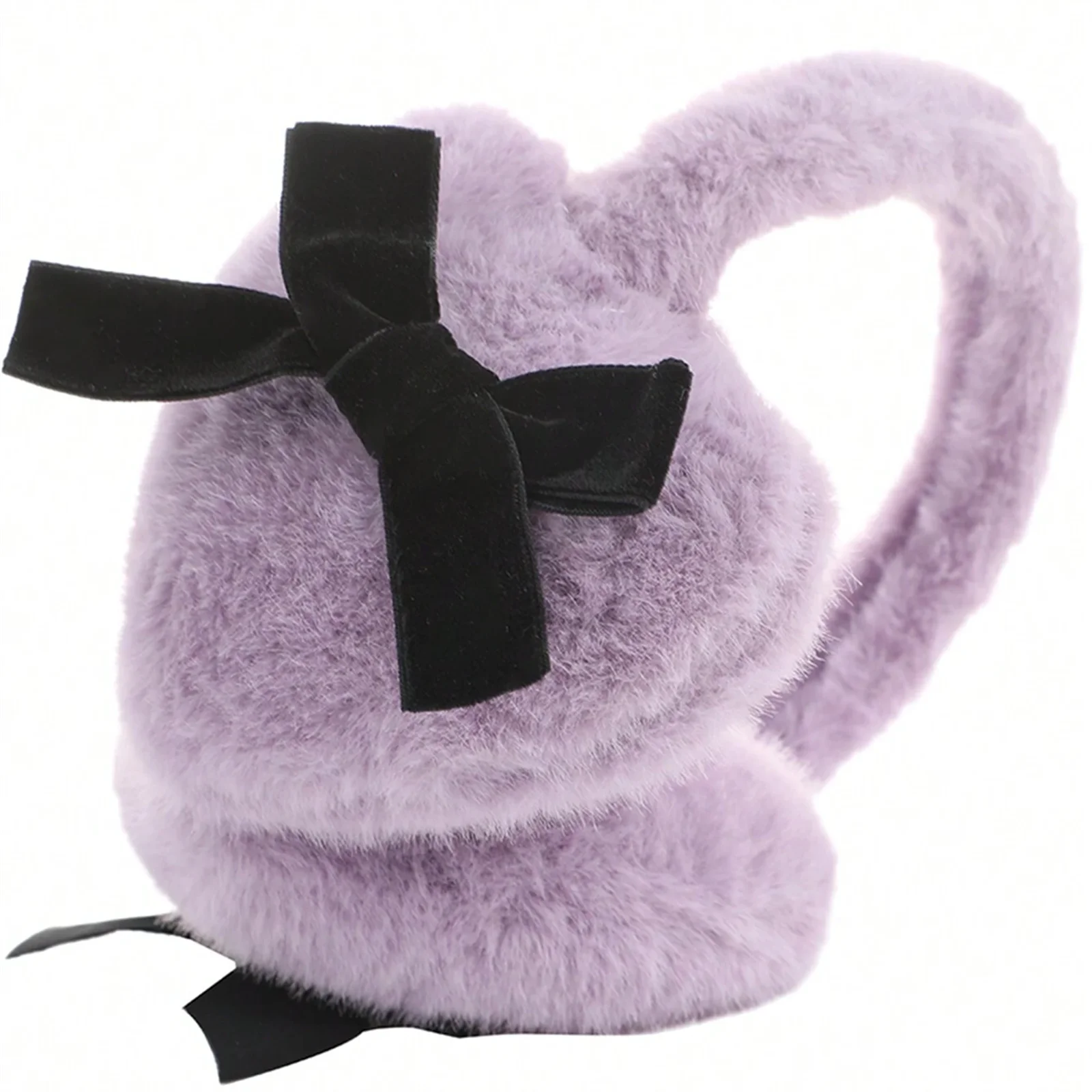 Women Solid Color With Black Bow Fluffy Cute Heart shaped Ear Warmer Earmuffs, ldeal For Winter