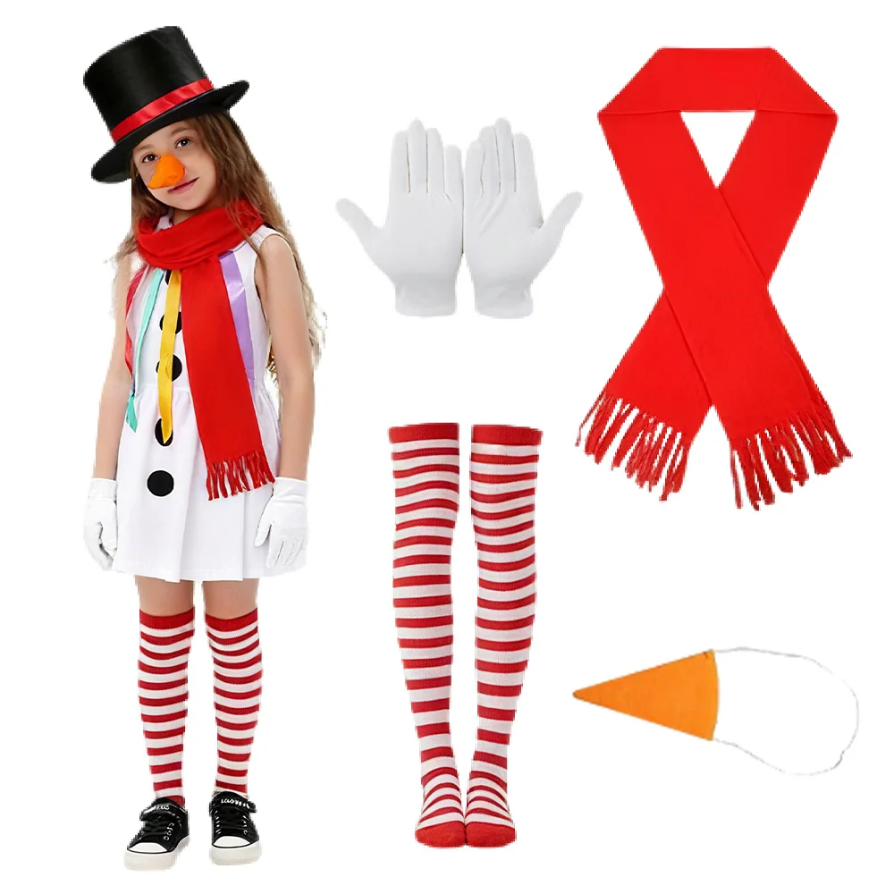 Christmas Snowman Cosplay Dress Girls Clothing Red Scarf Long Socks Nose Hat Outfits Halloween Carnival Party Costume Dress Up