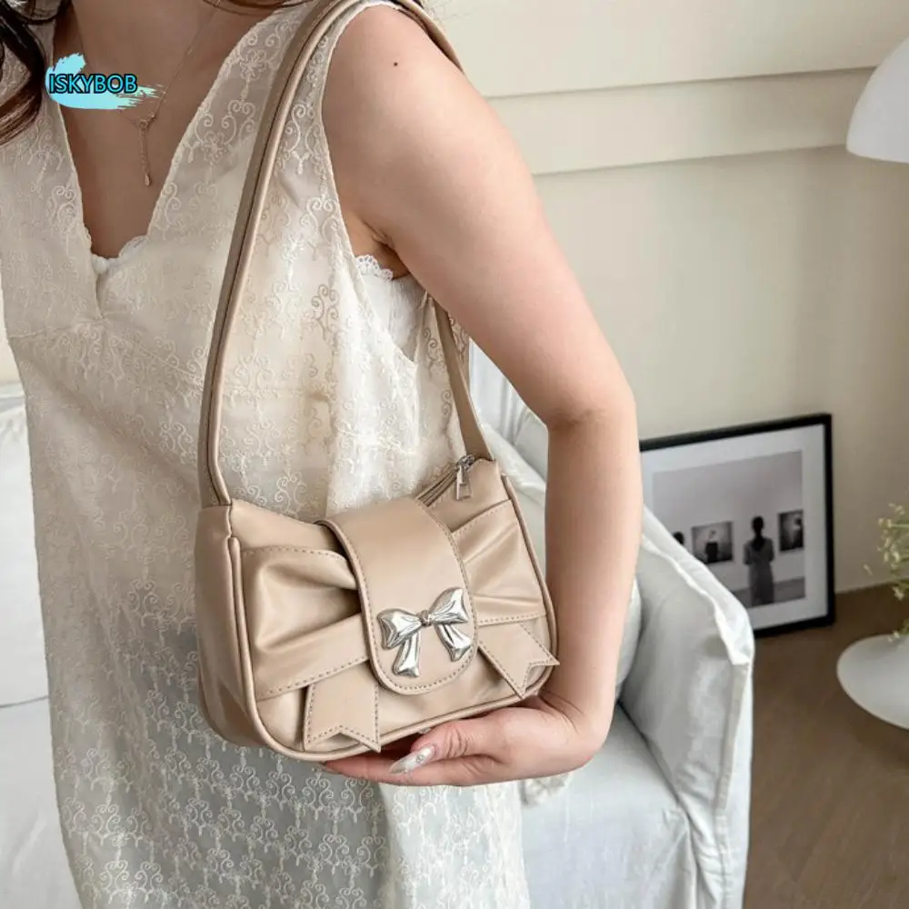 

Fashion PU Leather Square Pleated Handbag Soft Underarm Bowknot Shoulder Bag Trendy Waterproof Single Shoulder Bag Shopping