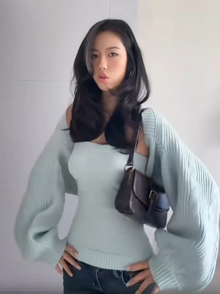 Elegant Green Knit Two Piece Set Blouse Lady Chic Strapless Tube Top Puff Sleeve Shrug Slim Cardigan New Fall Lady Street Outfit