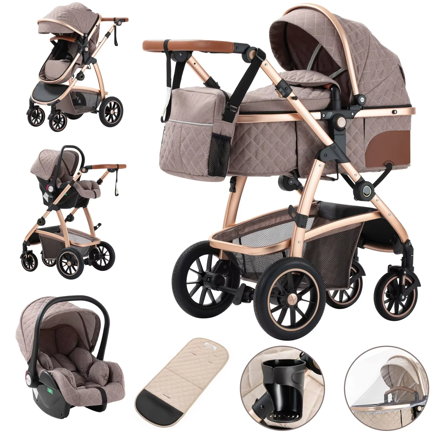 3-in-1-Babykinderwagen, Kinderwagen mit hoher Landschaft, verstellbarer Griff, Reise-Kinderwagen mit Moskitonetz, Kinderwagen, Aluminiumrahmen
