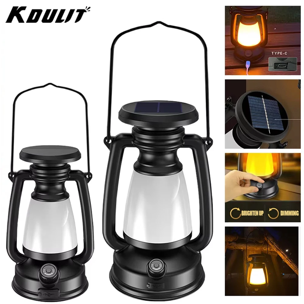 KDULIT Portable Solar Retro Camping Lamp Solar and USB Rechargeable Stepless Dimming Camping Waterproof Tent Atmosphere Lantern