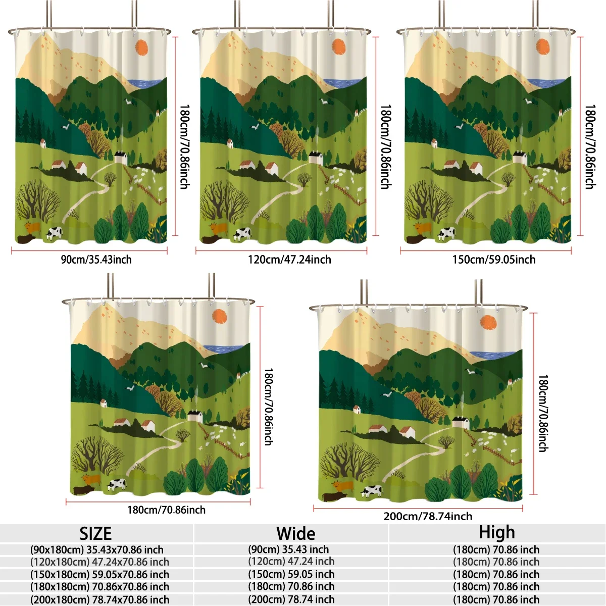 1PC Pastoral Mountain Resort Landscape Shower Curtain, Waterproof Shower Curtain Partition, Privacy Hanging Curtain