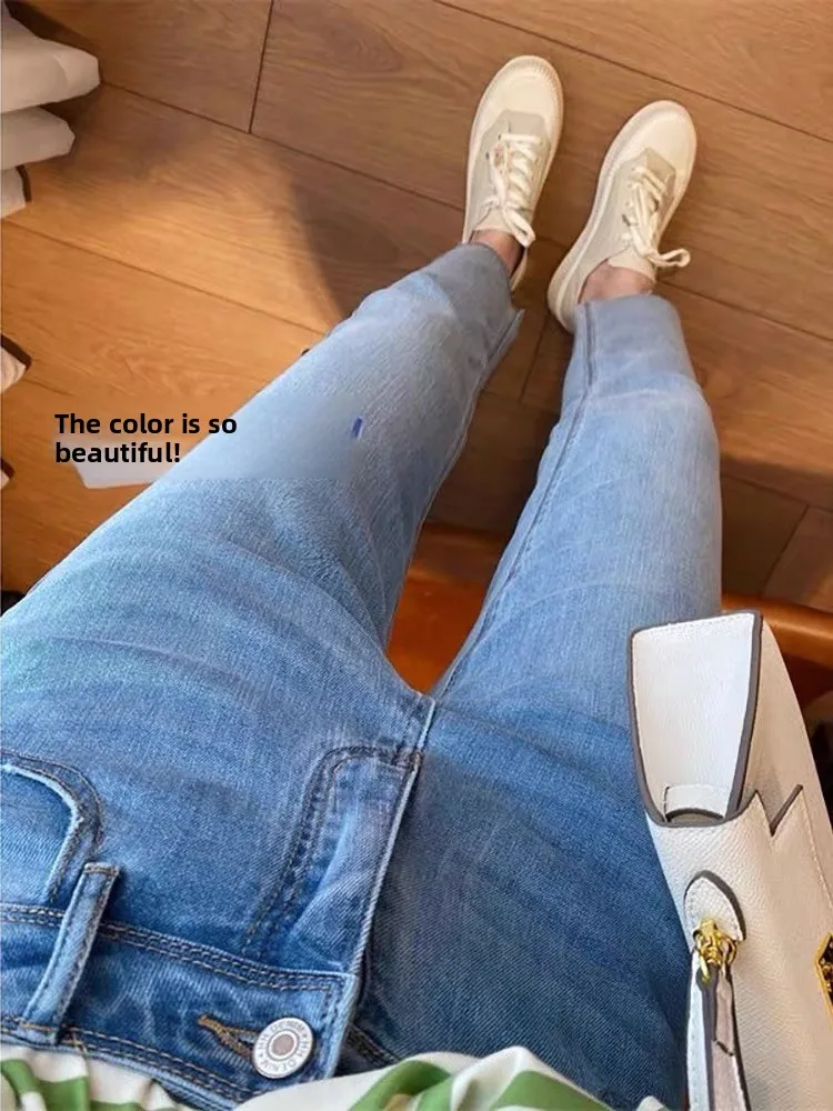 Light Wash Straight Leg Jeans Women's Small Size French Bread Pants Spring Summer Thin Slimming Denim Jeans High Waist Nine-P...