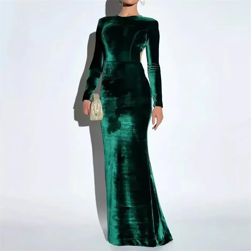 Luxury Green Velvet Backless Long Dress For Women Bodycon O-Neck Long Sleeve Nipped Waist Pleated Zipper Evening Party Vestidos