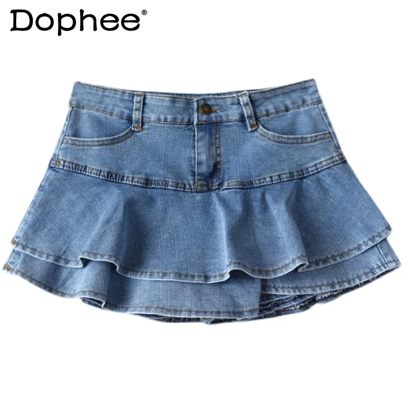 Fashion Low Waist Ruffled Pleated Denim Skirt Women's 2023 Spring Autumn Black White Stretch Jean Mini Skirt Female High Street