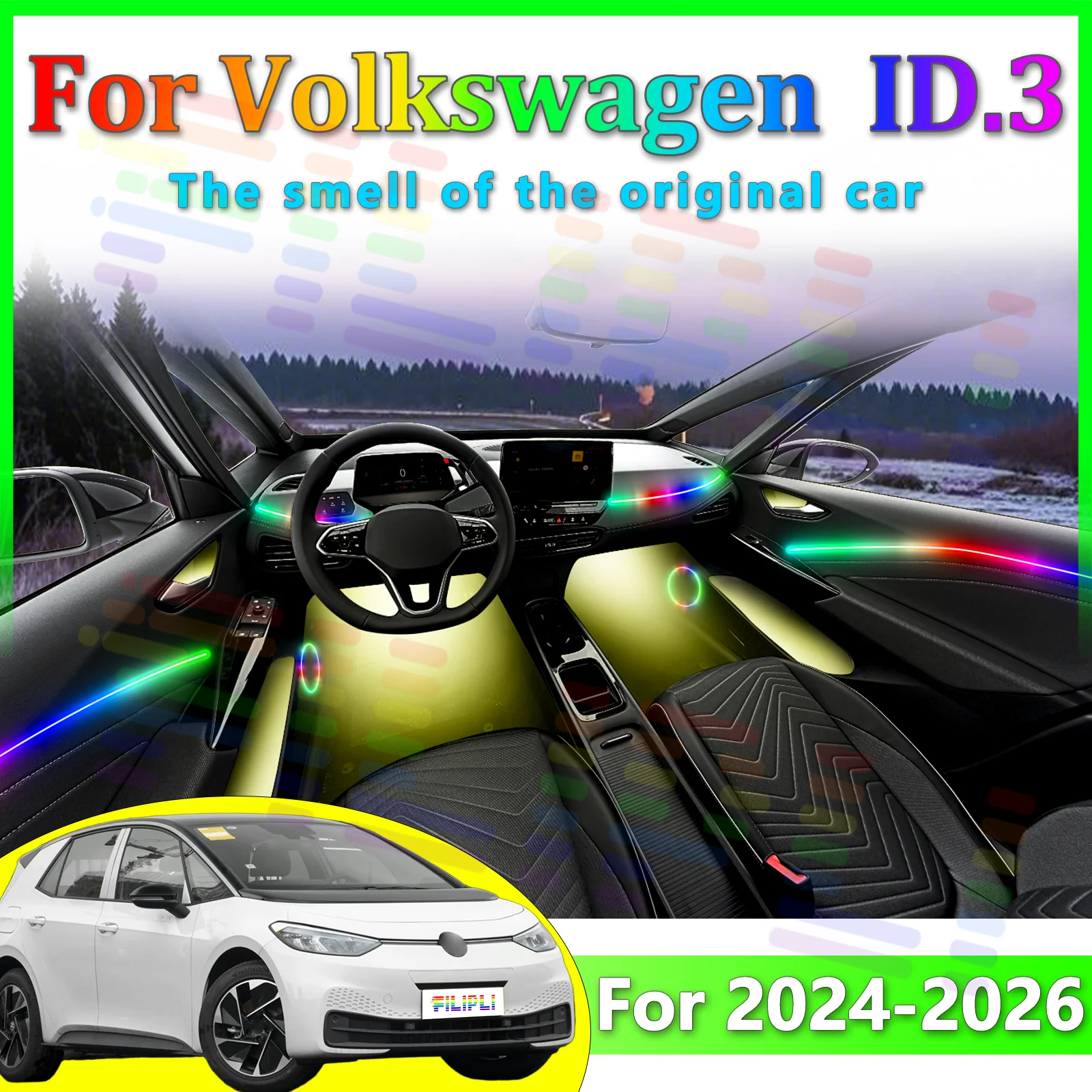

Для VW ID3 2024-2026 Elite скрытый акриловый интерьер автомобиля окружающие полосы RGB синхронизация звука с поддержкой через приложение теплый светящийся светодиод
