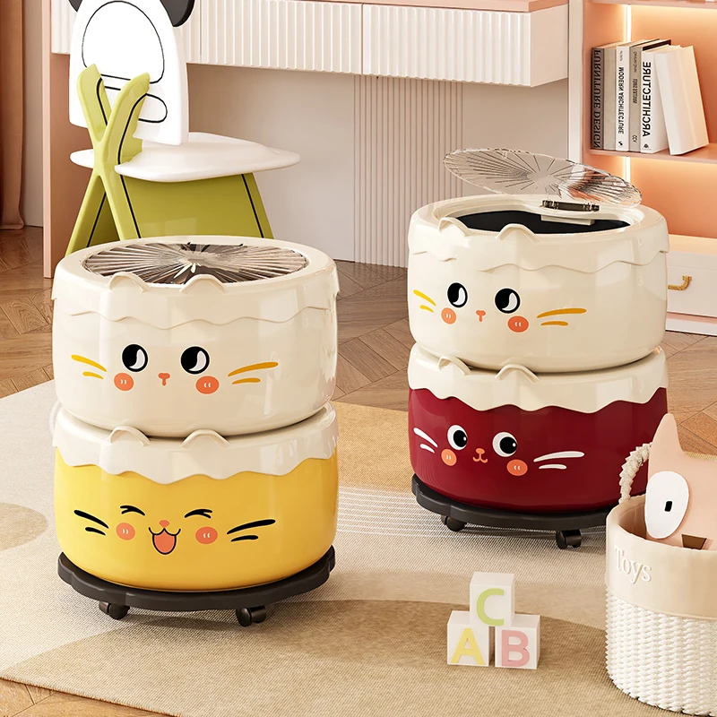 Cute Cartoon Cat Dustbin With Wheels Press Type Lid Double Bucket Sealed Odor-proof Trash Can Home Kitchen Bedroom Movable bin