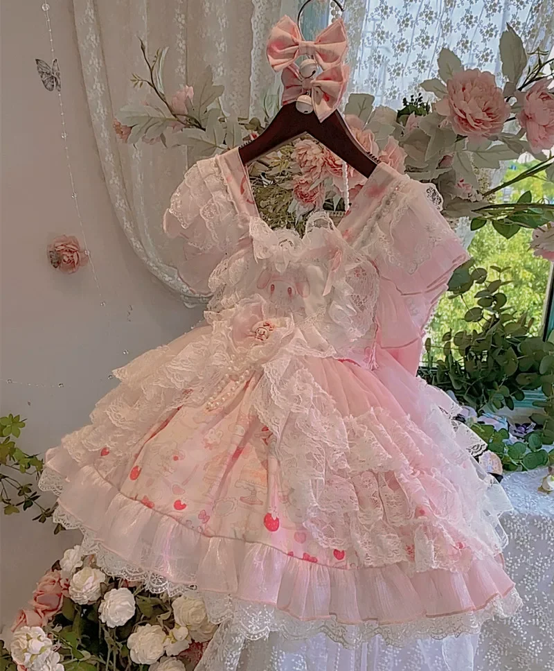 Pink Tiered Lace Ruffle Kids Lolita Dress Girls Cake Dress Cute Bow Beaded Princess Birthday Party Costume with Layered Tulle
