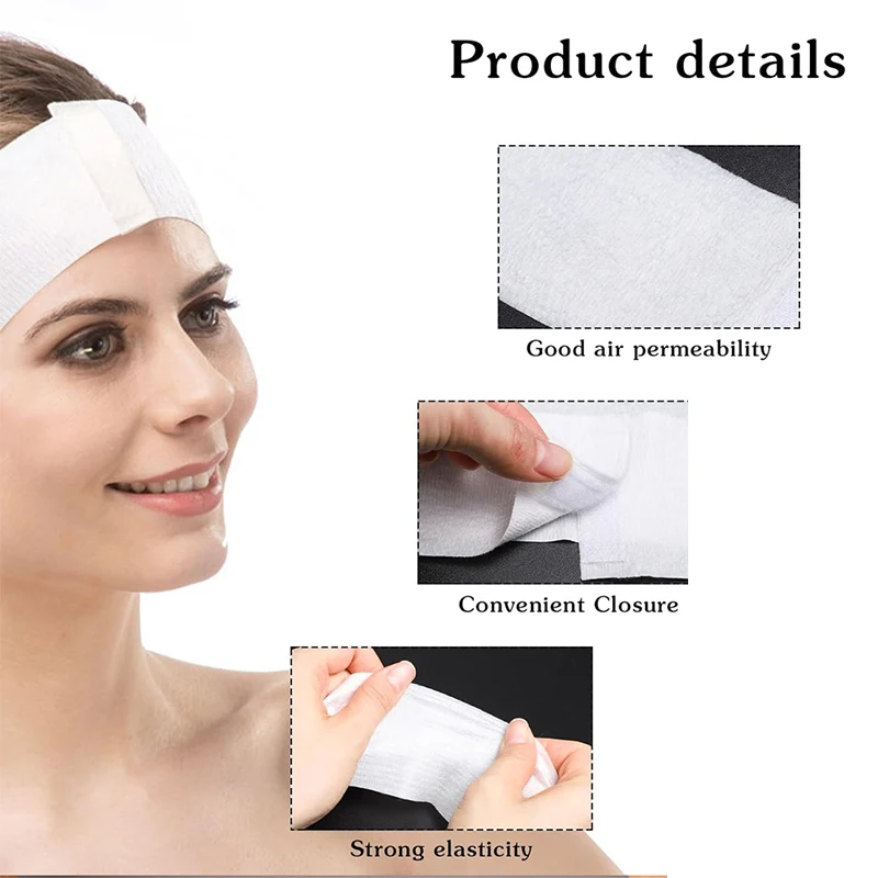 Headbands faciais descartáveis para salão de beleza, spa stretch, não tecido, macio, cuidados com a pele, faixa de cabelo com fecho conveniente, 100 unid