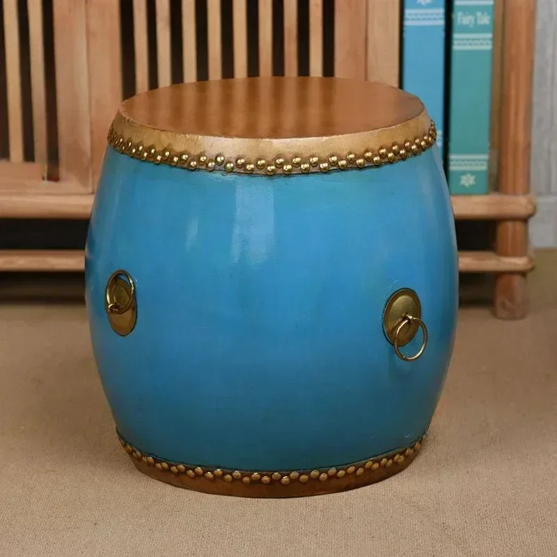 Solid Wooden Stool with Chinese Cowhide Drum Shoe Replacement Circular Sofa for Living Room Mortise Installation