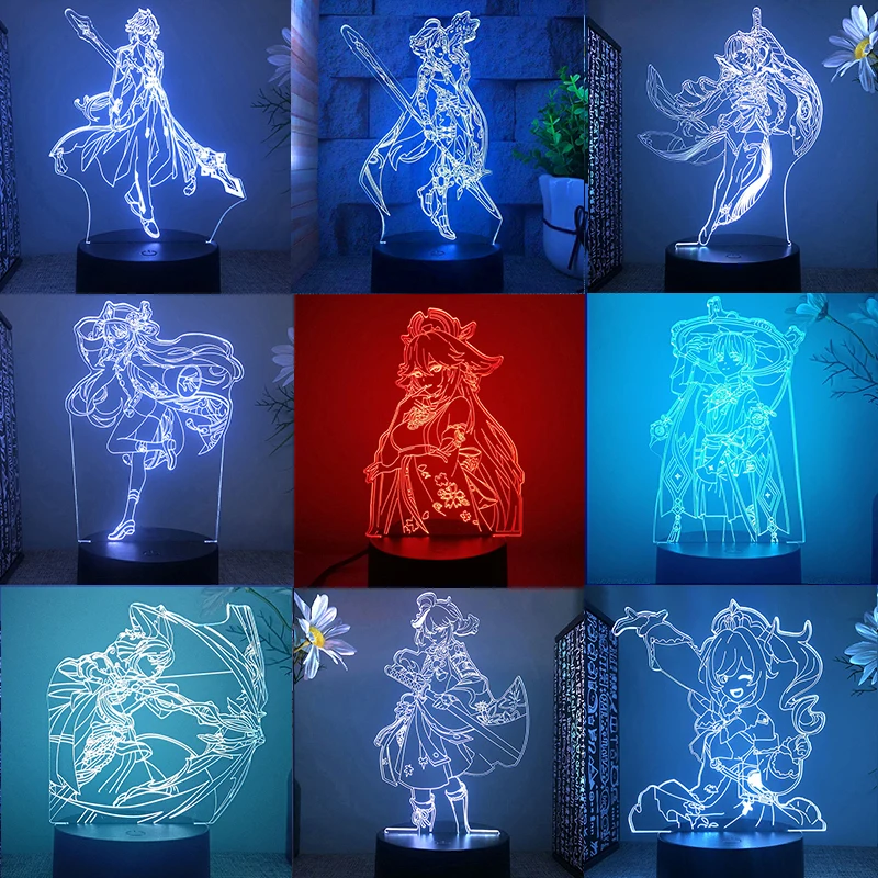 Genshin Impact Yae Miko Hu Tao Scaramouche Game Figure 3d Led Lamp For Bedroom Kazuha Tighnari Acrylic Night Lights Gift