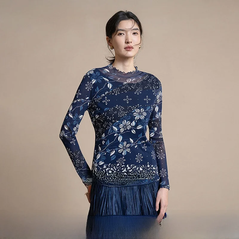 

Женский трикотажный топ с длинным рукавом Slim Fit в винтажном стиле с традиционным синим принтом, в нескольких цветах, для весны