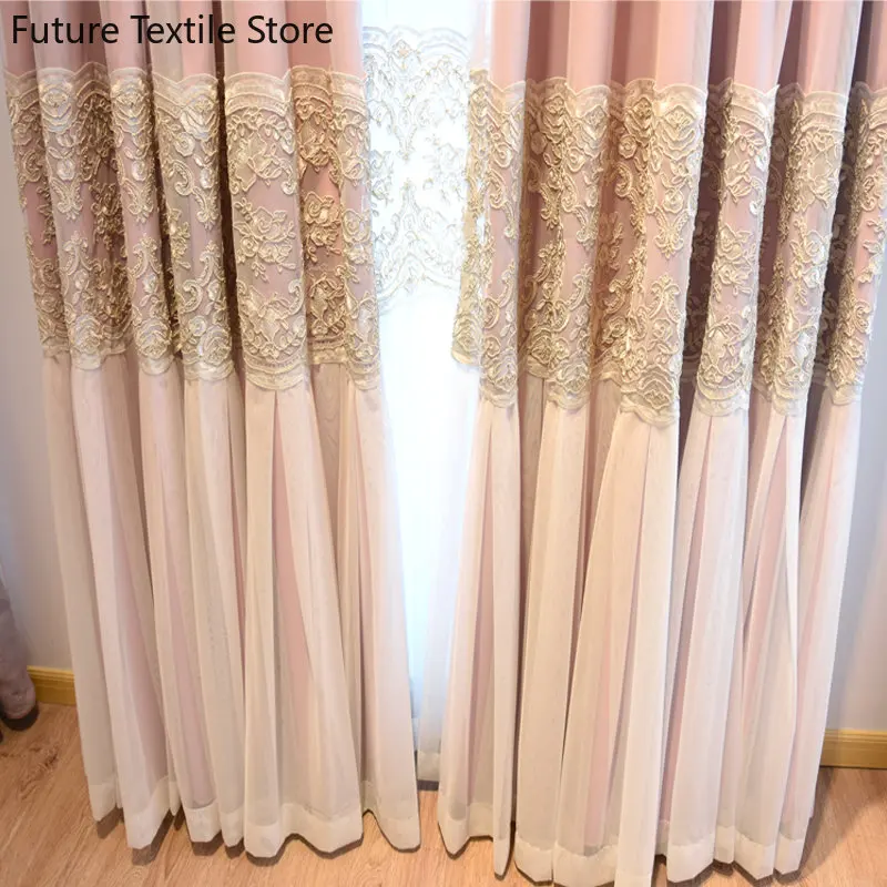 Light Luxury Pink Girl Room Lace Fabric Yarn Double Layer Embroidered Partition Curtain Curtains for Living dining room bedroom