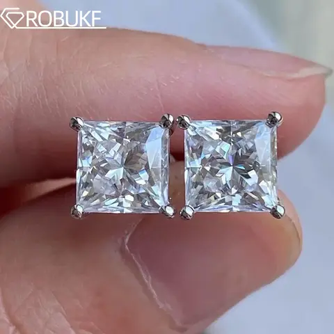 0.4-2CT 공주 컷 Moissanite 스터드 귀걸이 여성을위한 남성 스파클링 다이아몬드 925 스털링 실버 웨딩 쥬얼리 귀걸이 선물