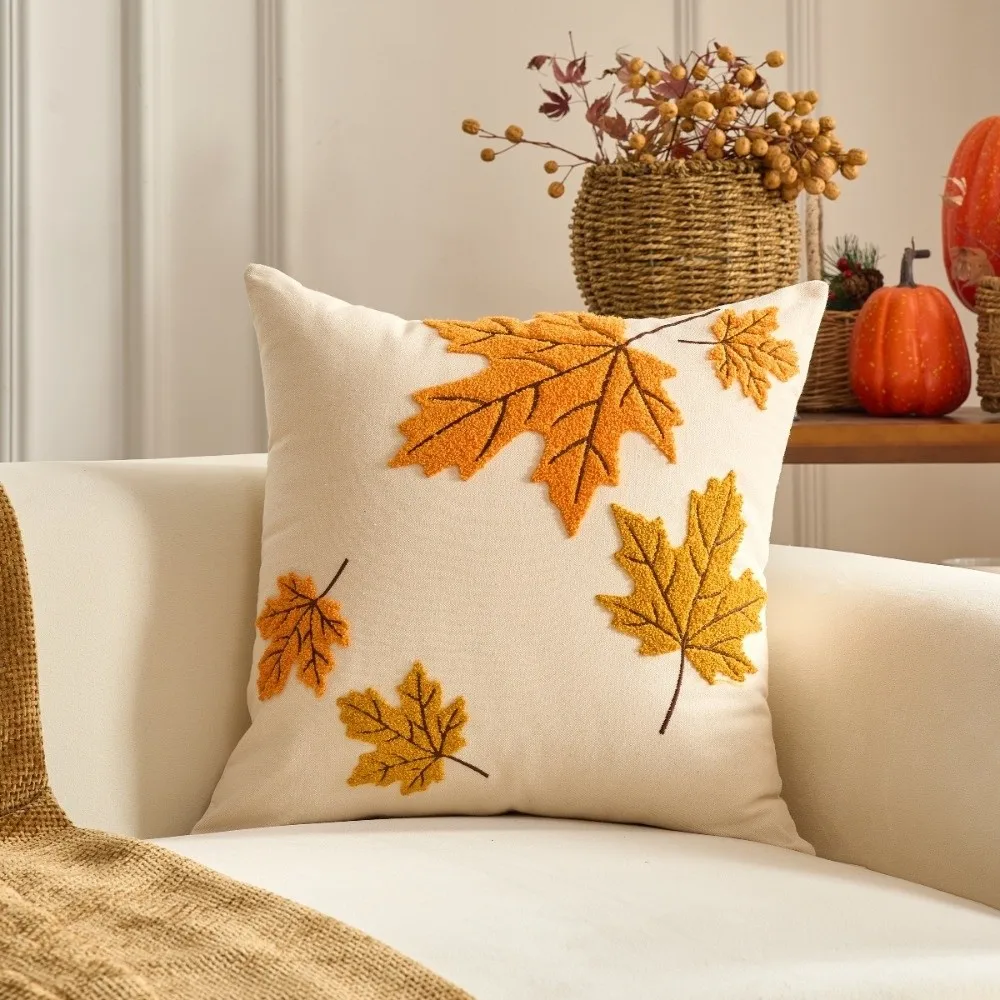 New Pumpkin Tufted Throw Pillow Cover Rustic Style Soft Autumn Pillowcase Maple Leaves Square Pillow Covers Fall Decor