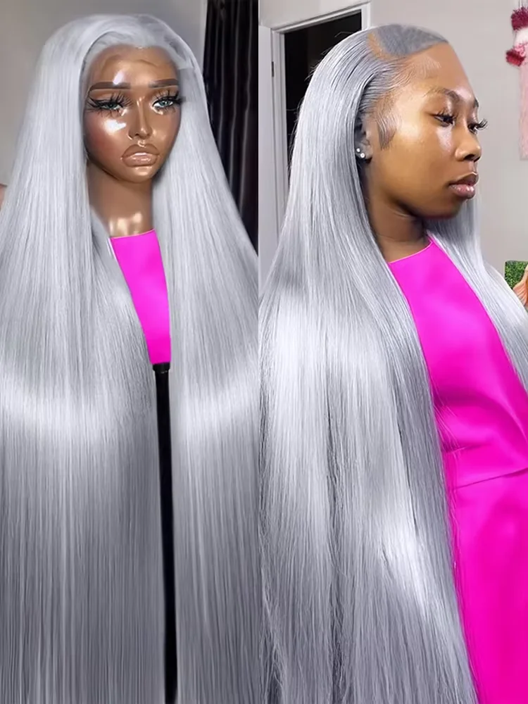 

Peruvian 250% Density 30 40 42 inch Silver Gray 13x6 HD Lace Front Human Hair Wigs Pre pluck Glueless Lace Frontal Wig For Women