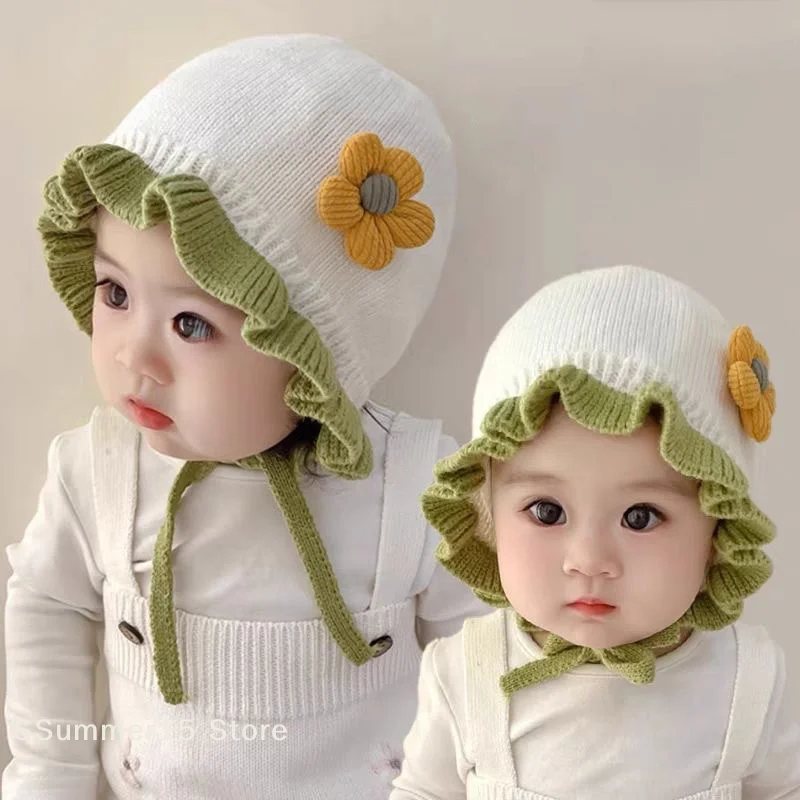 【R】Autumn Winter Ear Protection Baby Hat Warm Windproof Knitted Kids Lacing Cap Infant Boy Girls Beanie Bonnet Enfant