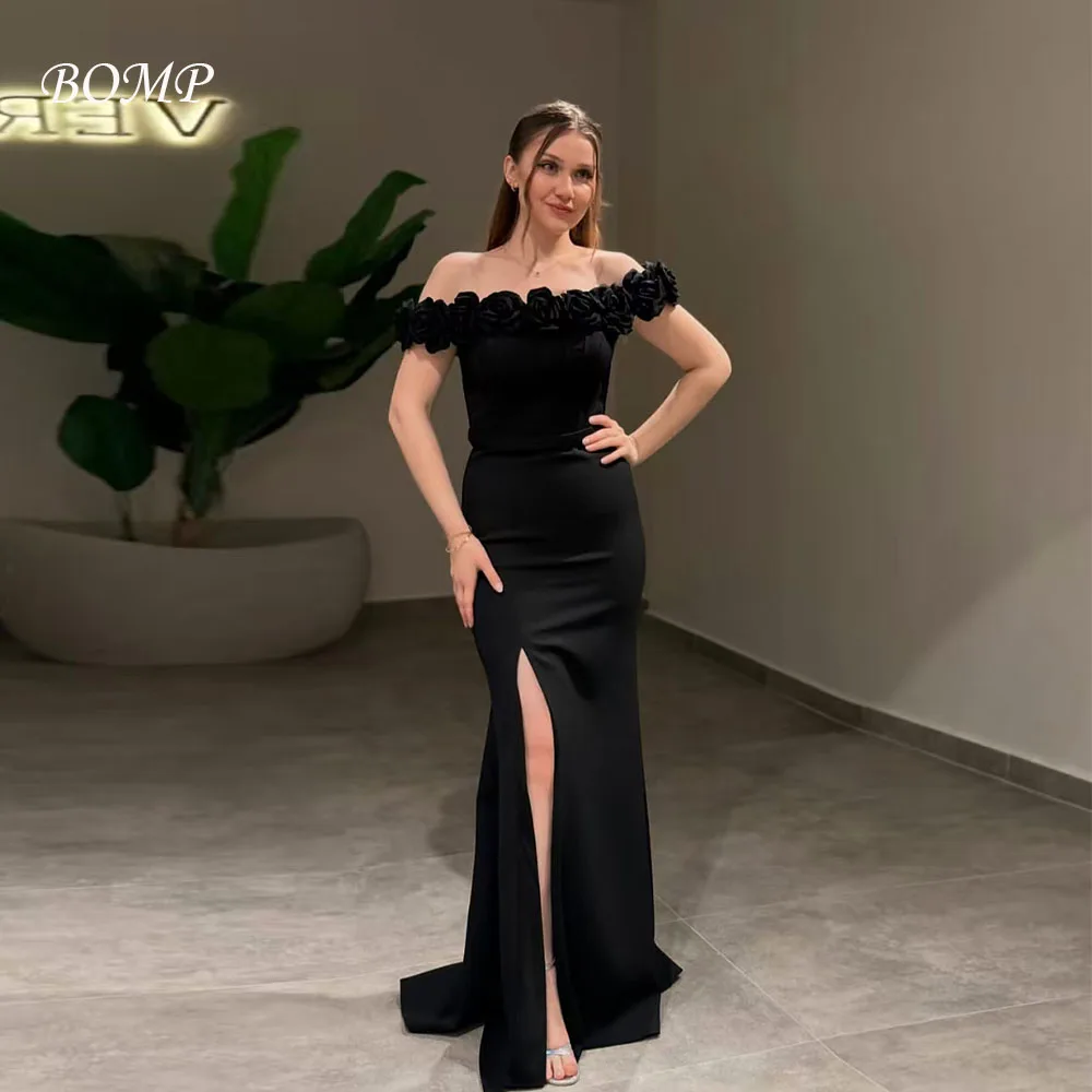 

BOMP Элегантное черное вечернее платье с 3D цветами и открытыми плечами Русалка со шлейфом и боковым разрезом, атласное специальное свадебное платье на заказ