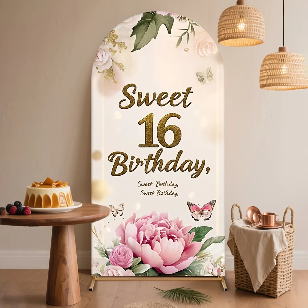 

Custom 2-sided Sweet 16 Birthday Party Photo Backdrop for Girl Floral Arch Cover Butterflies Pink Flowers Background Decorations