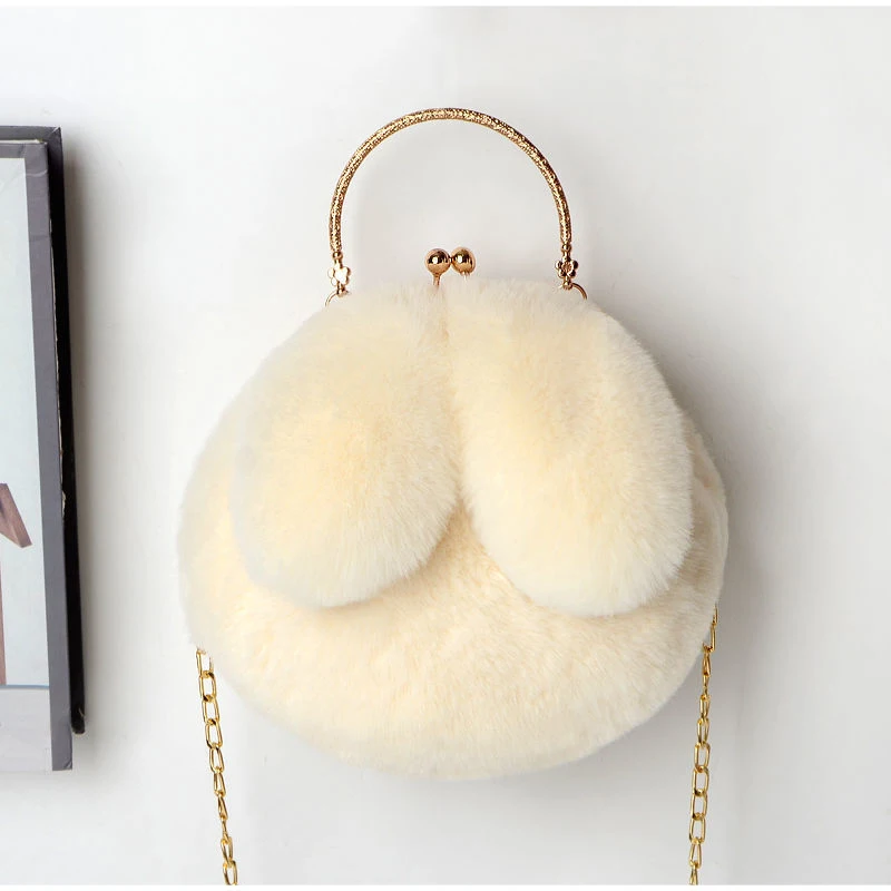 Weiche, flauschige Plüsch-Handtasche mit Henkel, niedliche Umhängetasche mit Hasenohren und Kette, warme Winter-Clutch, leichte Handytasche – Detail 22