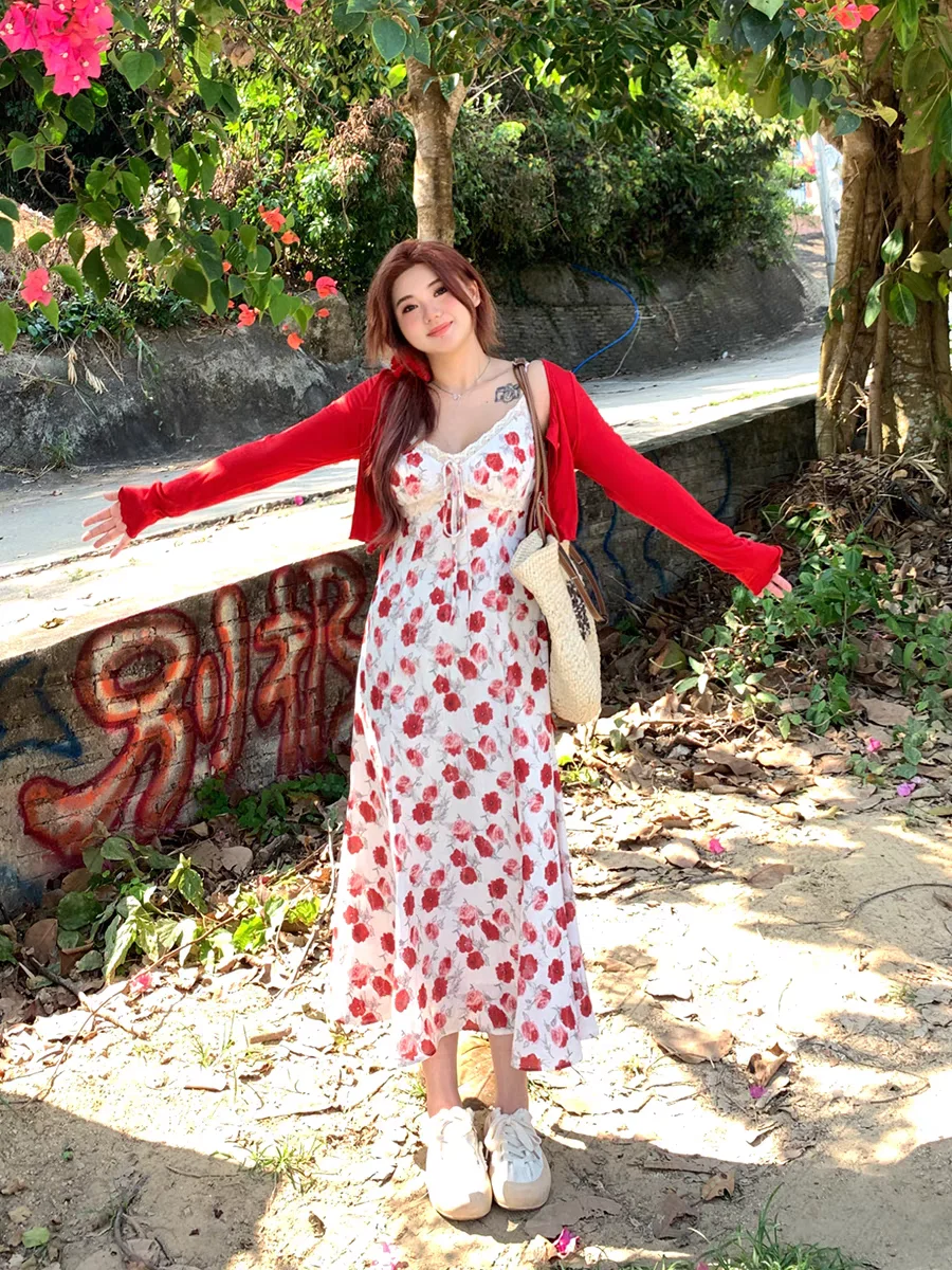 

Large Size Women's Floral Camisole Dress Women's Summer Sweet Temperament Camisole Dress Knitted Sunscreen Cardigan 2-piece Set