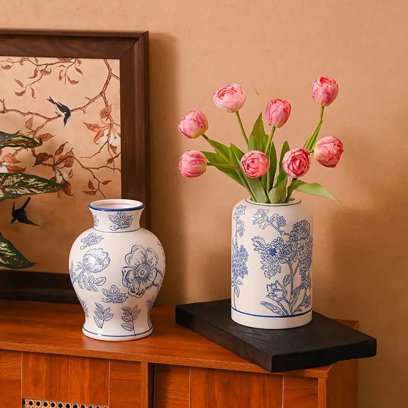 Premium Jingdezhen Blue-and-White Porcelain Vase, New Chinese Hand-Painted Ceramic Art, Living Room Dried Flower Retro Home Deco