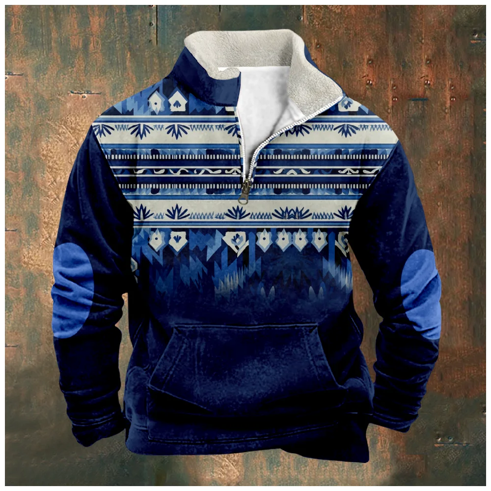 

Autumn Men Pullover Sweatshirts Zip Up Fleeced Long Sleeve Hoodies Vintage Ethnic Tribal Graphics Oversized Tops