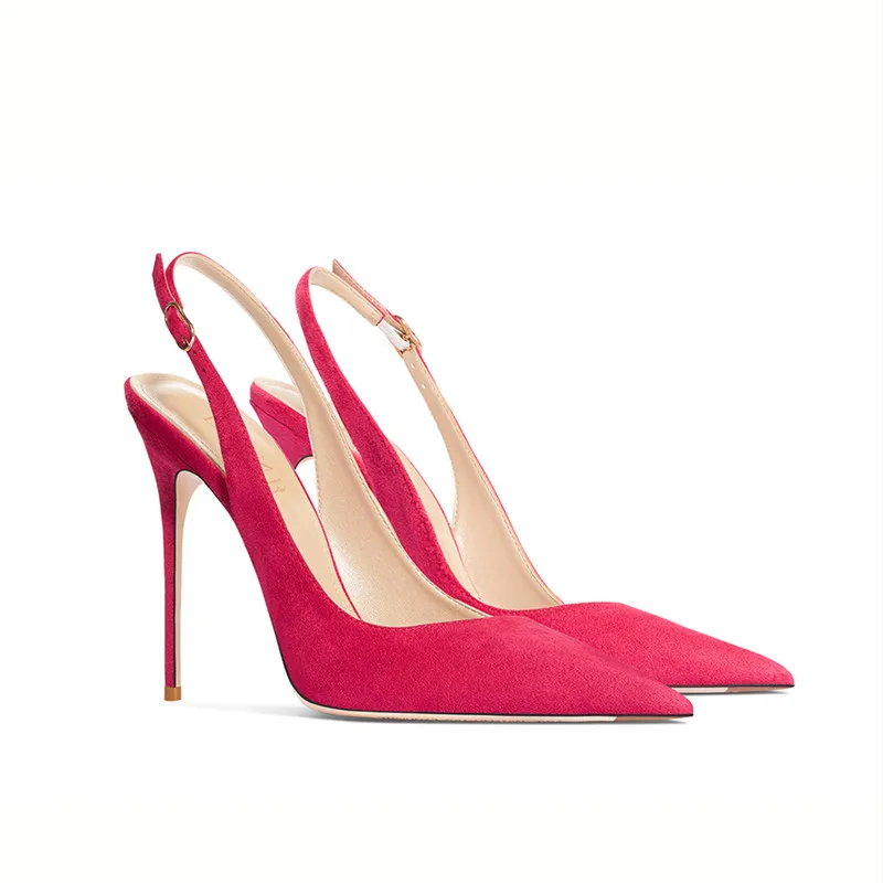 

Suede Flock Hot Pink Women Heel Sandal Pointed Toe Sexy French Style of Summer Shoes Genuine Leather Stilettos