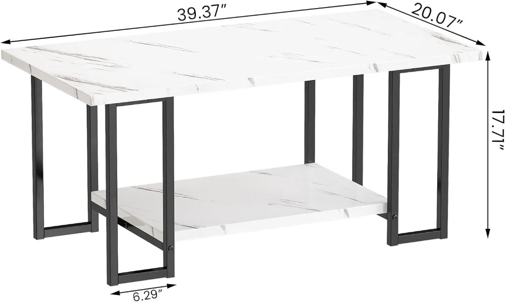 Marble Coffee Table, Faux Marble Top Rectangular Coffee Table with Black Metal Frame, 2 Tier Living Room Table for Living Room