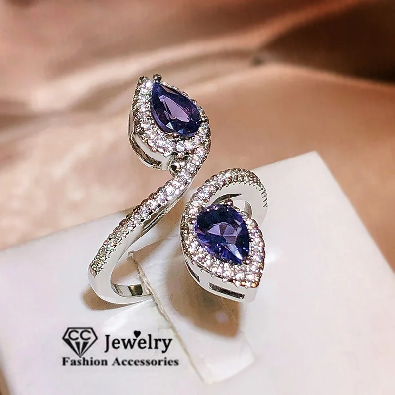 

CC Adjustable Rings For Women Purple Leaf Shape Cubic Zircon Stone Silver Color Fashion Jewelry Party Accessories CC3309