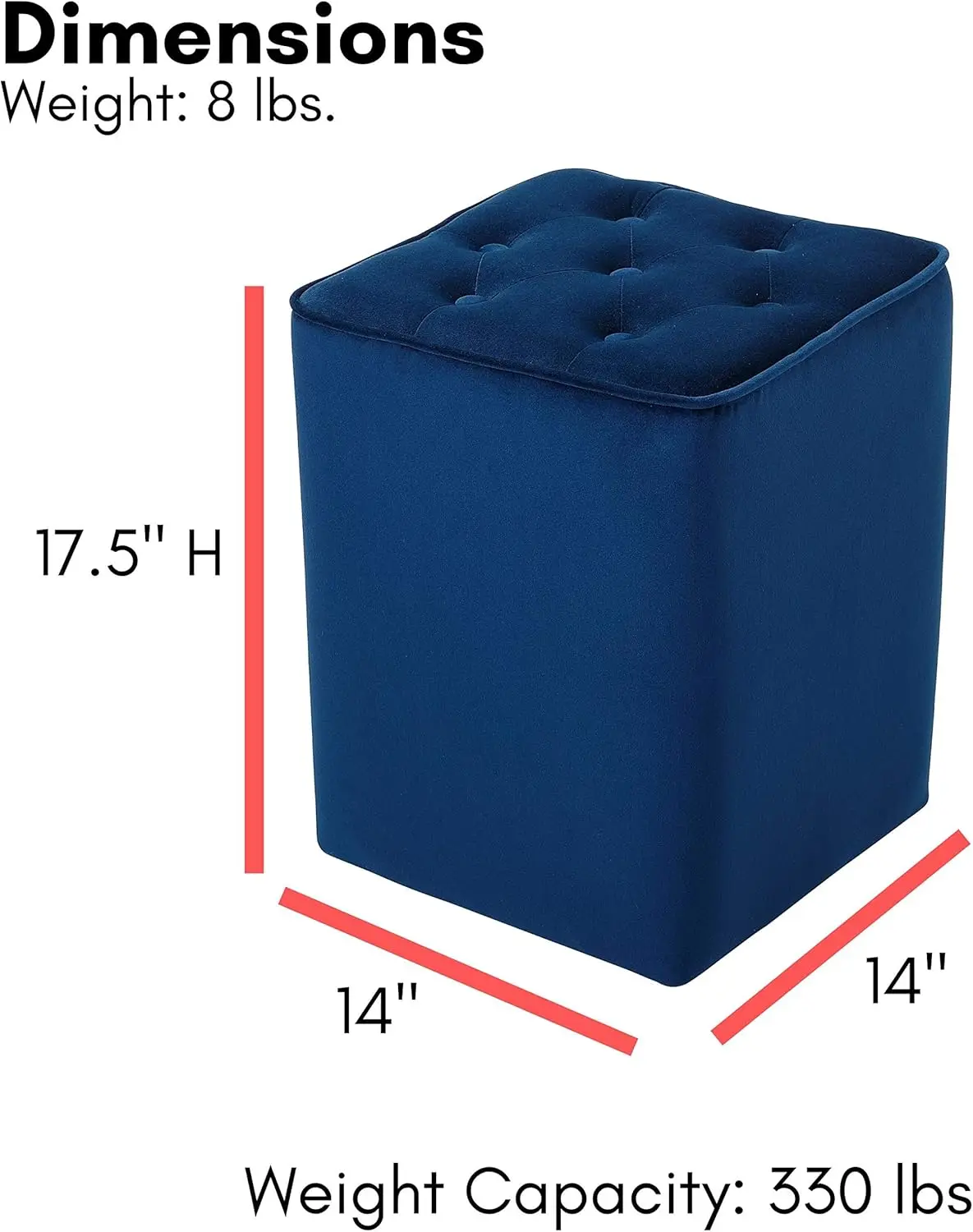 Tufted Navy Velvet Ottoman Foot Stool - Square - Soft Compact Padded Stool - Great for The Living Room, Bedroom