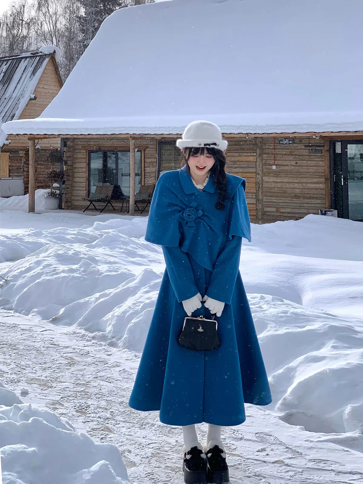 

plus Size Woolen Coat Outerwear Women Anti-Aging Design Sense 3D Rose Cloak Two-Piece Set Ele Chic Winter Faion