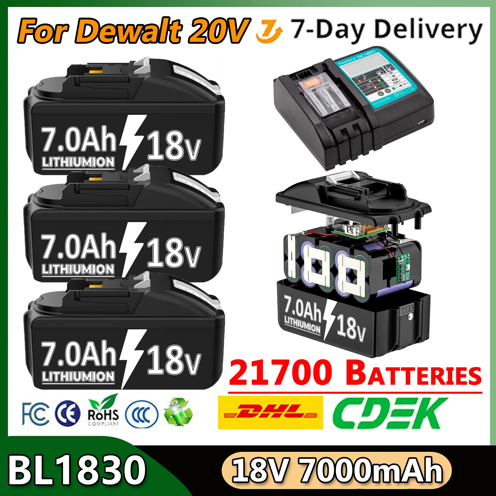 

7.0Ah Battery 18v For Makita BL1830 21700 Batteries BL1850B BL1850 BL1840 BL1860 Battery & Charger 7000mAh Replacement Batteries