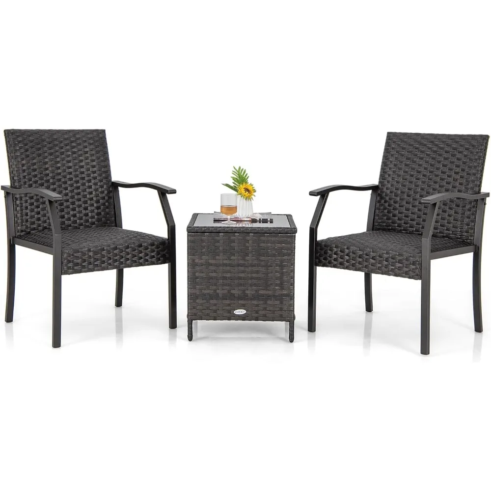 3 Pieces Patio Wicker Chair Set, Waterproof All Weather Resistant Heavy Duty Outdoor Conversation Set with Quick Dry Foam