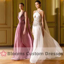 Blooms Customized V-Neck Chiffon Beaded Luxury Evening Dresses For Special Occasion Draped A-Line Cape Pleated Prom Dresses