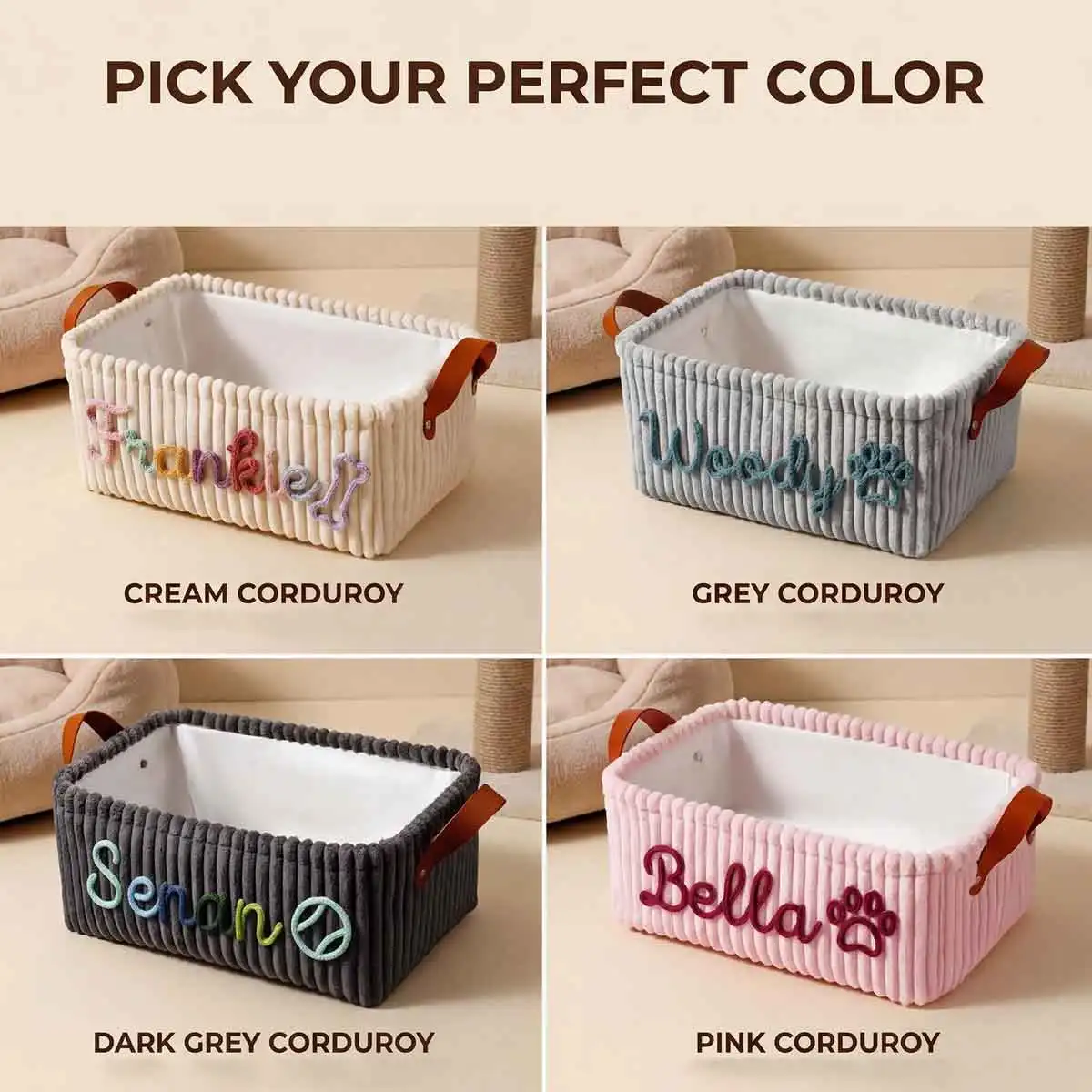 Personalized Handmade Embroidered Pet Storage Box – Custom Dog & Cat Toy Organizer and Home Storage Basket with Name